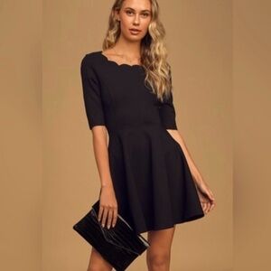 Lulus Tip the Scallops Black Scalloped Skater A line Dress Size Medium LBD